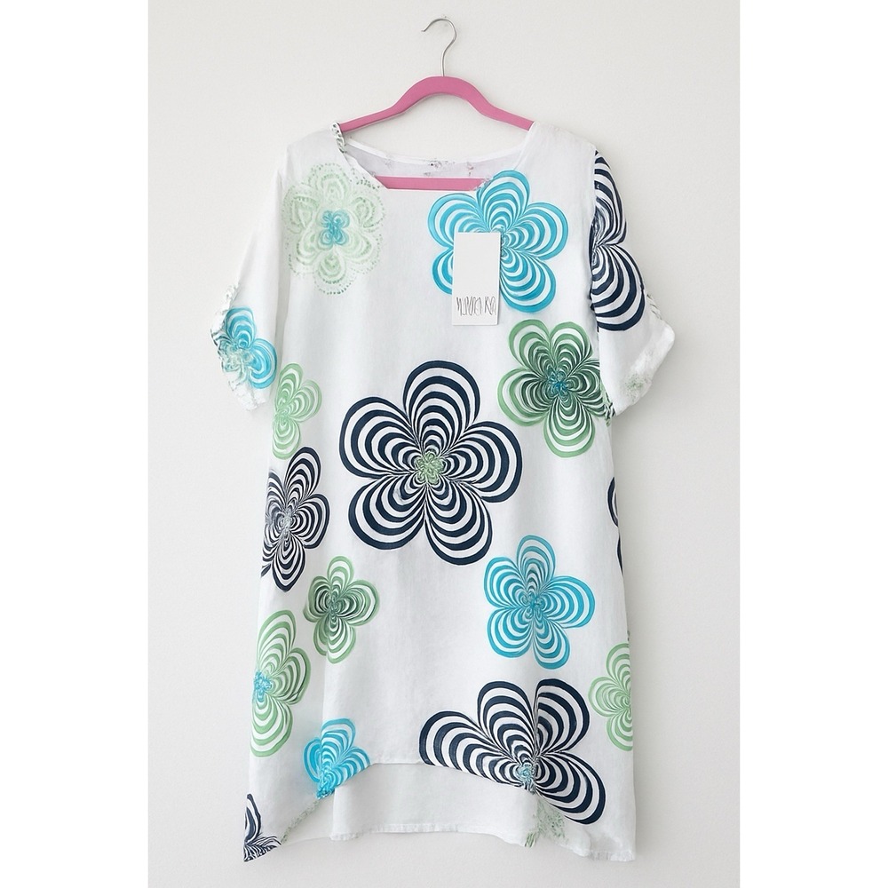 NWT Kaktus Italy Linen Tunic Dress  White Green Blue Floral Oversize Lagenlook L